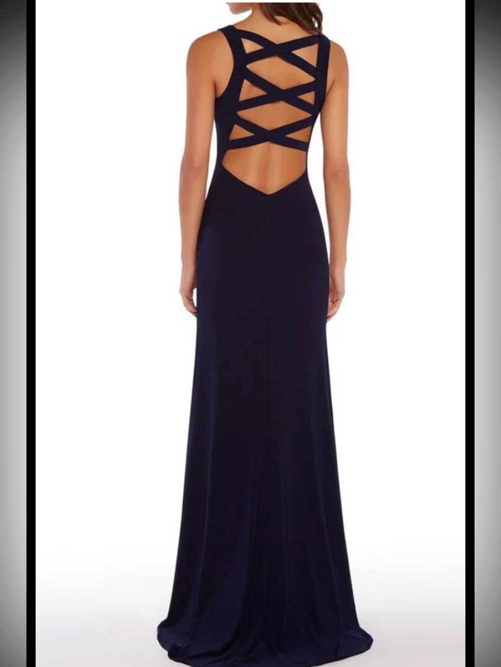 Alyce Paris Dramatic Deep V Navy Formal Gown Sweep Train & Strappy Back size 00